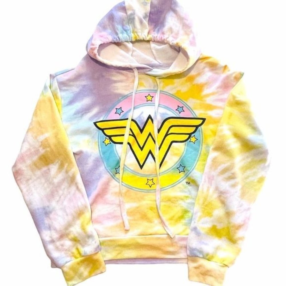 DC Comics Wonder Woman Purple Blue Yellow Pastel  Tie Dye Hoodie Sweater  SZ M